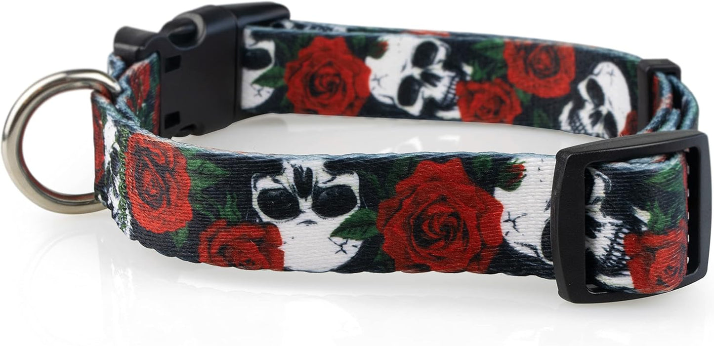 Skulls and Roses Dog Collar for Large Dogs, Boy or Girl Dog Collar with Flowers and Skulls, Large
